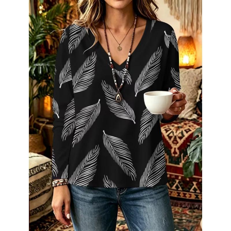 Autumn and Winter Women's Long-sleeved V-neck T-shirt