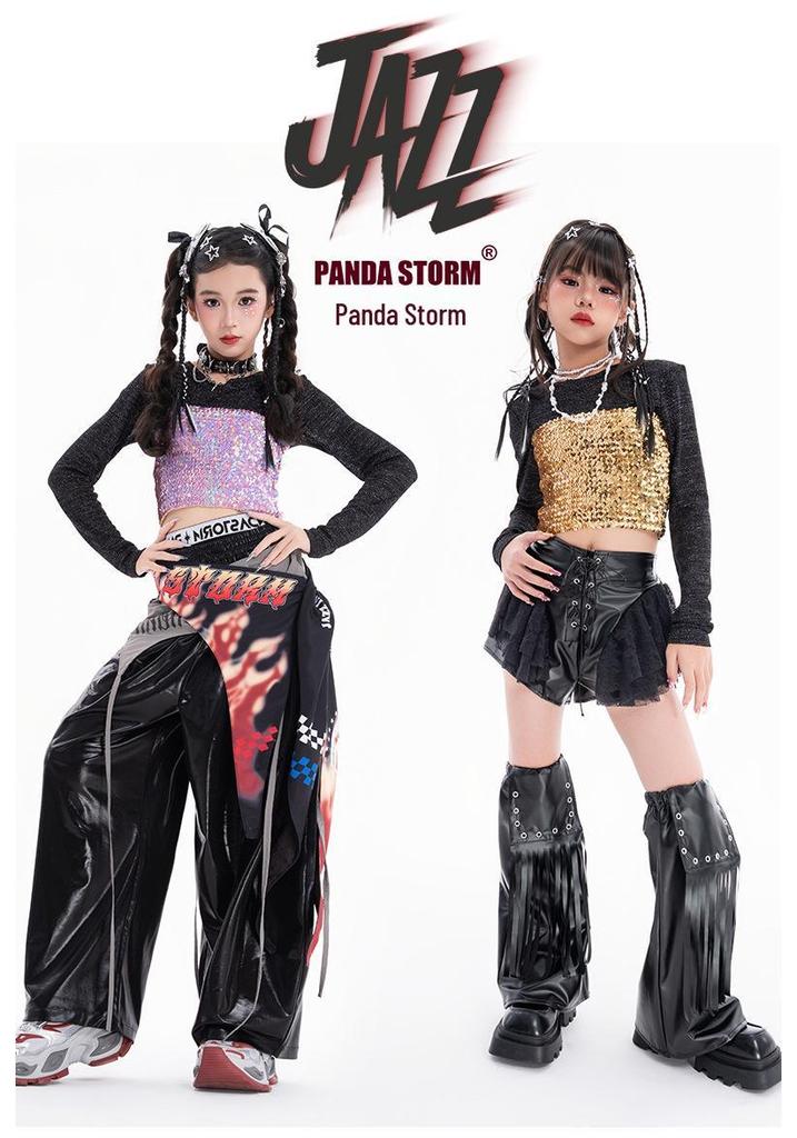 Mädchen Jazz Dance Pailletten Trägerloses Kostüm Set mit Langen Ärmeln und Hose