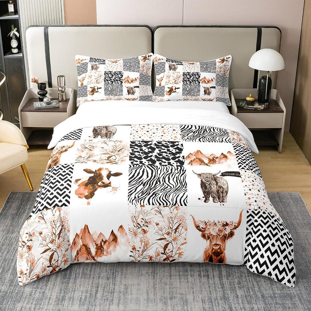 Braunes Kuhmuster Warme Bettdecke Set Queen King-Size Abmessungen, Bauernhaus Kuhmuster Bettwäsche Set mit 2 passenden Kissenbezügen Schlafzimmer