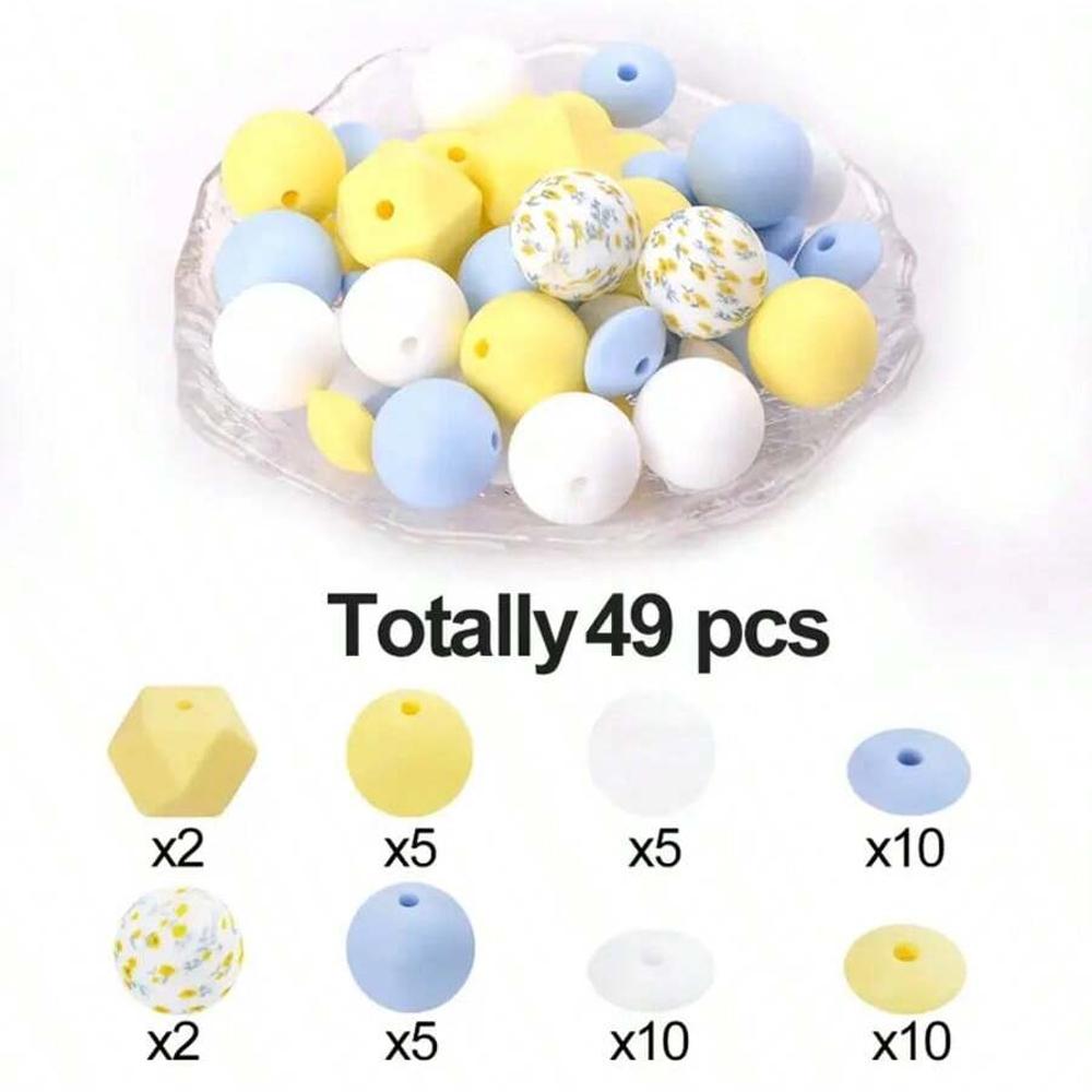 49PCS Bohemian style printed silicone beads, suitable for DIY handicrafts, creative keychains, bracelets, necklaces, etc