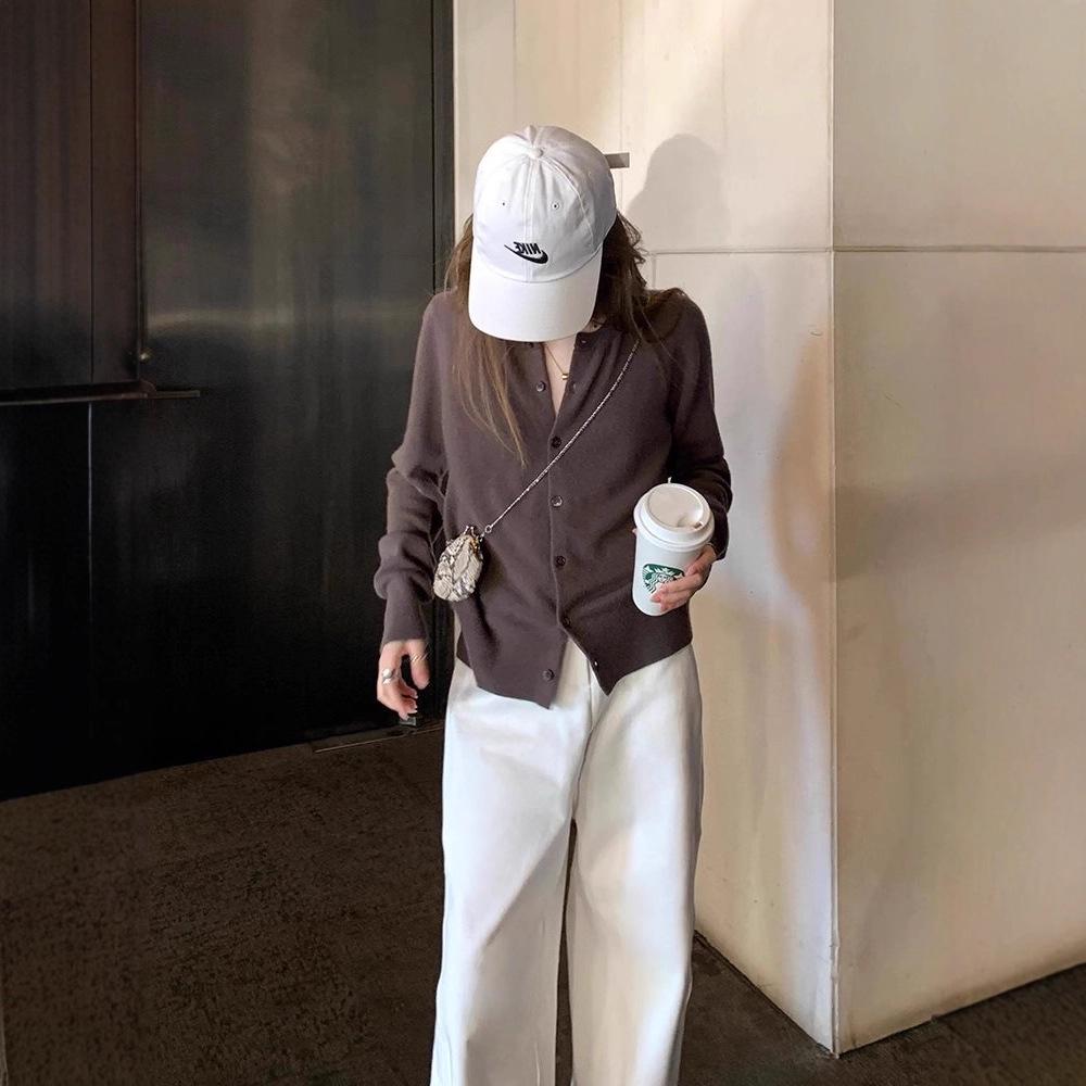 Dámský červený pletený kardigan s dlouhým rukávem Ancola - korejský styl, volný střih pro raný podzim