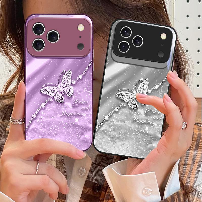 Elegantní modrý motýl Pro iPhone 17 Air 16 E 15 14 13 Plus 12 mini 11 17 Pro Max XR Xs Max 16E 7 8 Tvrzené sklo Kryt na telefon