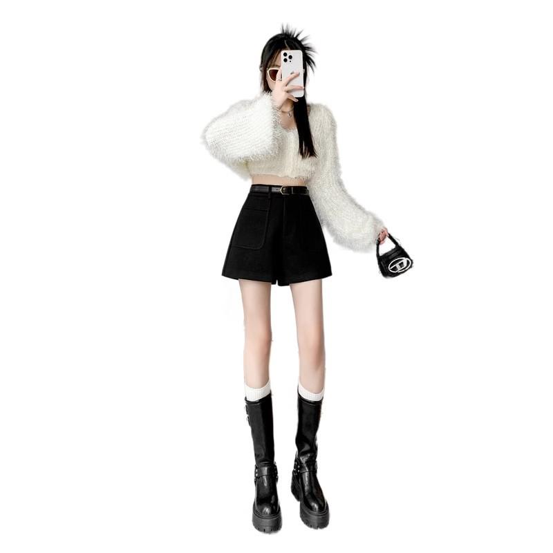 2024 Podzim/Zima Dámské vlněné šortky s vysokým pasem a širokými nohavicemi - Stylové ležérní módní šortky