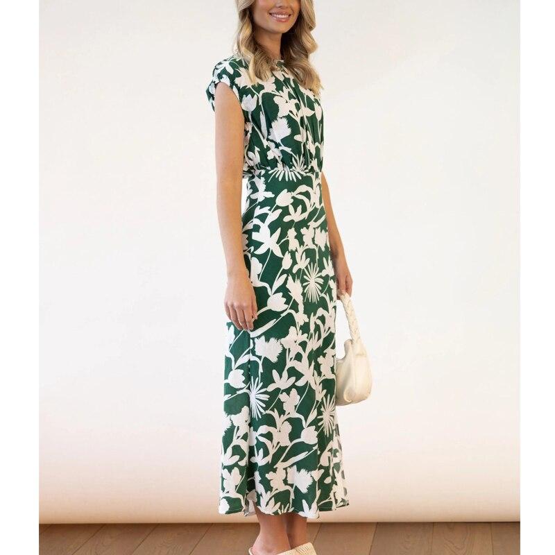 Summer Office-lay Stylish Printed O-neck Long Dress Women Elegant High-waist Slim Ladies Dress Sexy Sleeveless Vestidos 25475
