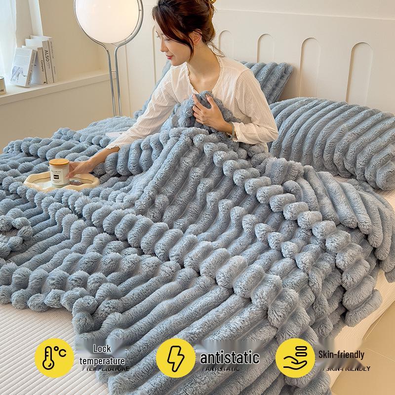 Rabbit Fur Plush Coral Fleece Flannel Nap Blanket - Gift for Office or AC Use