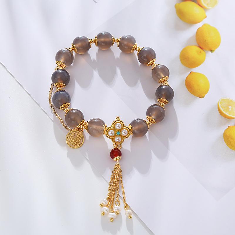 Natural Gray Agate Round Bead Red Agate Pearl Fringed Bracelet Fashion Women Daily Jewelry Lucky Gift