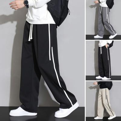 Men Sweatpants Wide Leg Loose Drawstring Elastic Waist Straight Solid Color Soft Breathable Deep Crotch Full Length Sports Jogging Long