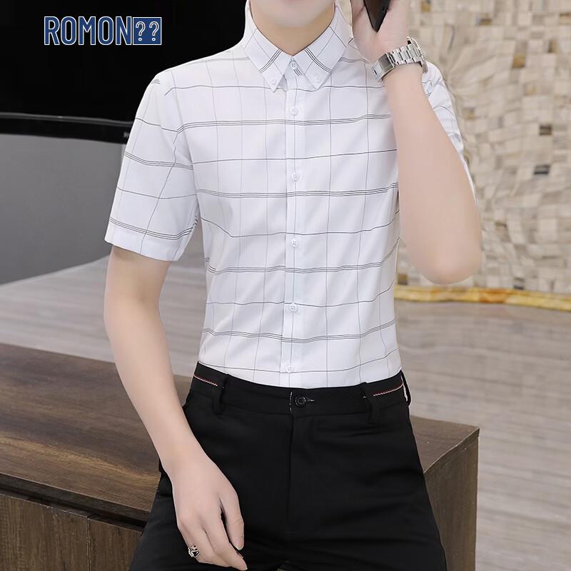 ROMON Men s Luxury Bamboo Fiber Plaid Short Sleeve Shirt 2XL