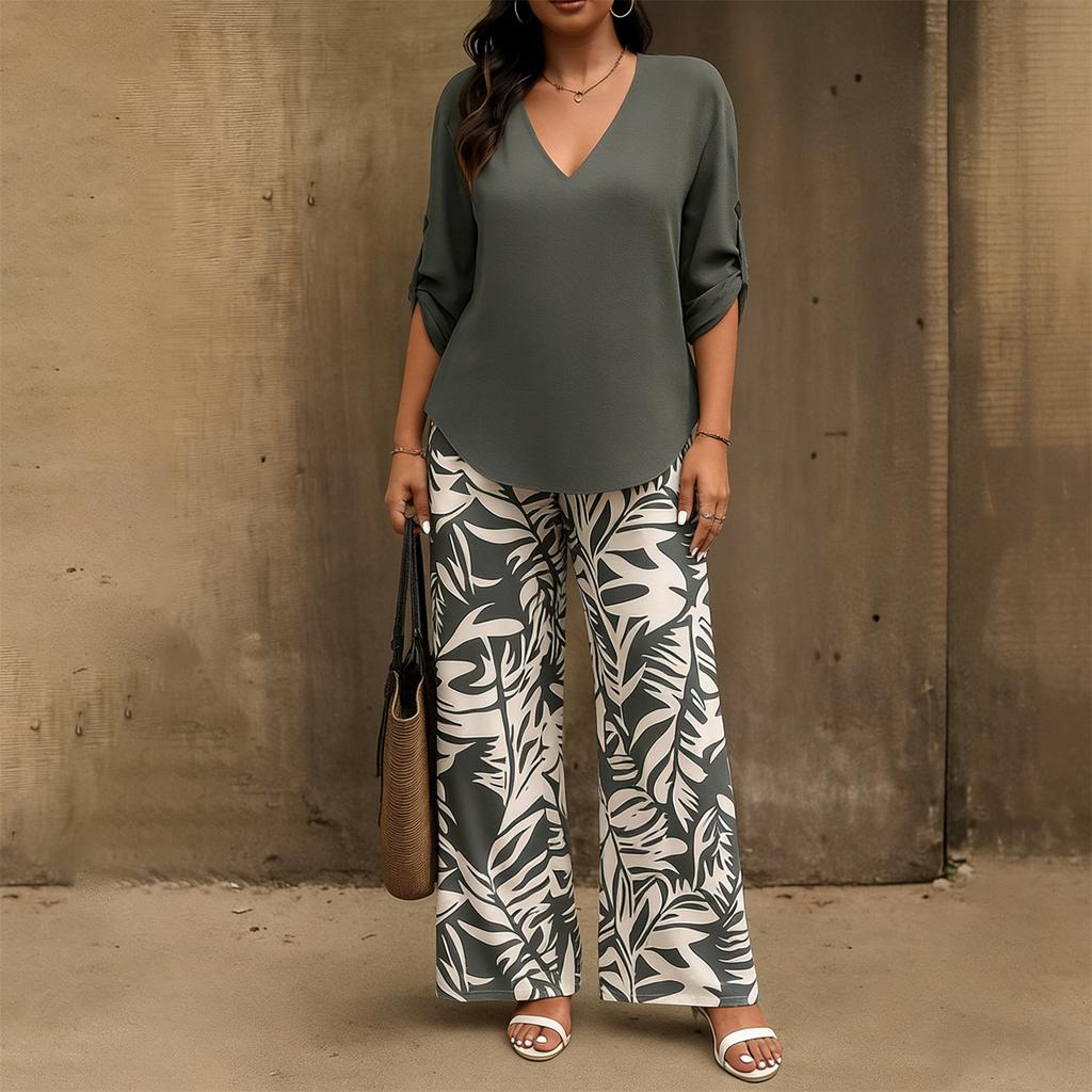 Damen 2-teiliges Mode-Freizeit-Set: Lockerer V-Ausschnitt-Top + Weit geschnittene Hose Loungewear