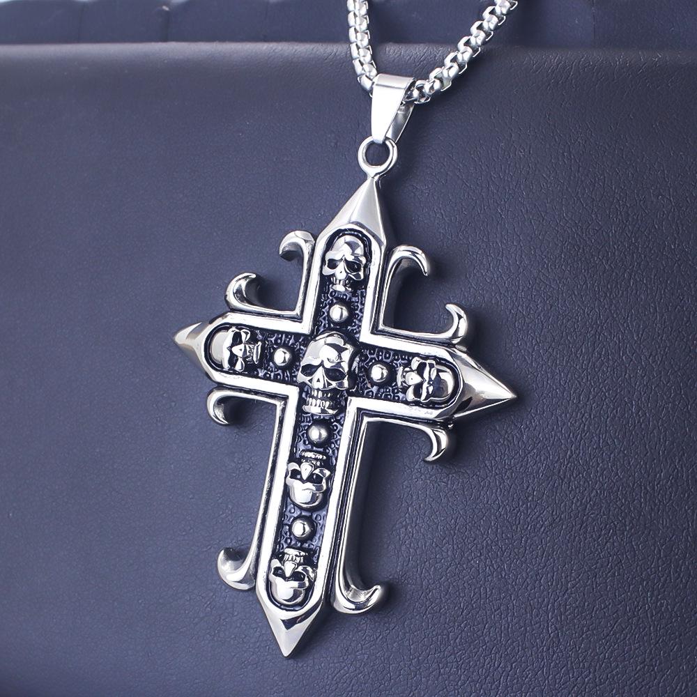 Trendy Men's Titanium Wheat Ear Cross Pendant Necklace with Long Pearl Chain