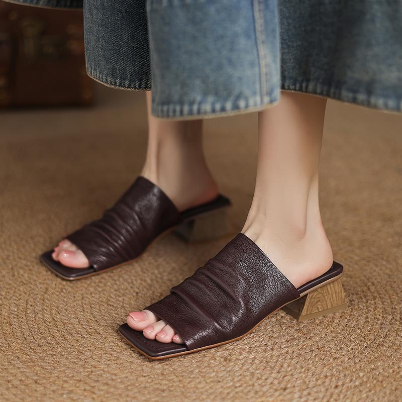 Fashion 2025 New Women Genuine Leather Thick High Heeled Sandals Elegant Outsoor Slippers Party Wedding Summer Shoes Woman Prom Pumps