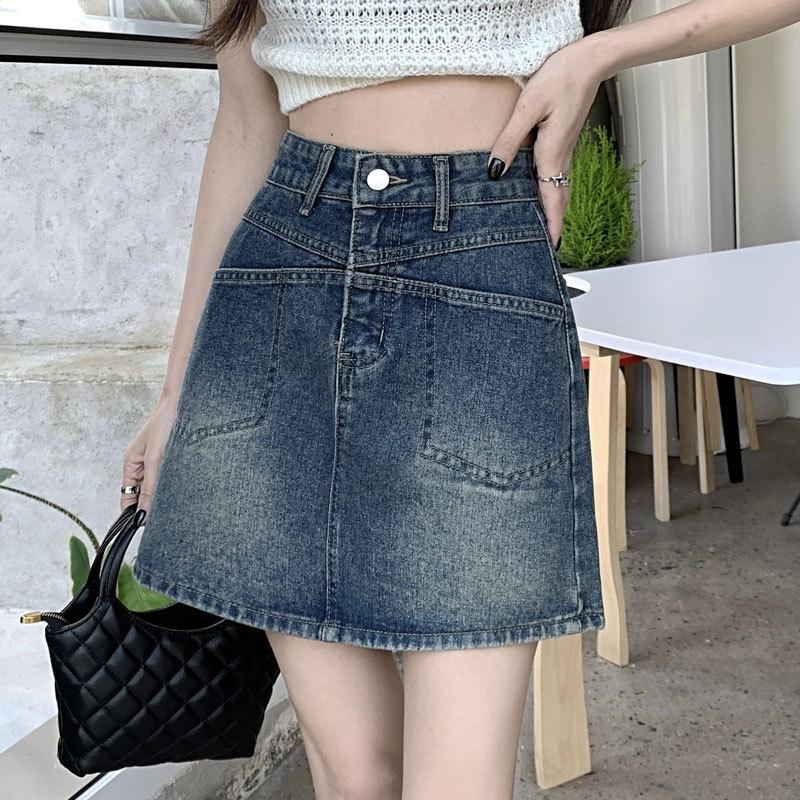 Women's A-line Denim Short Skirt Summer Pocket Design High Waist Hip Hugging Retro Denim Skirt