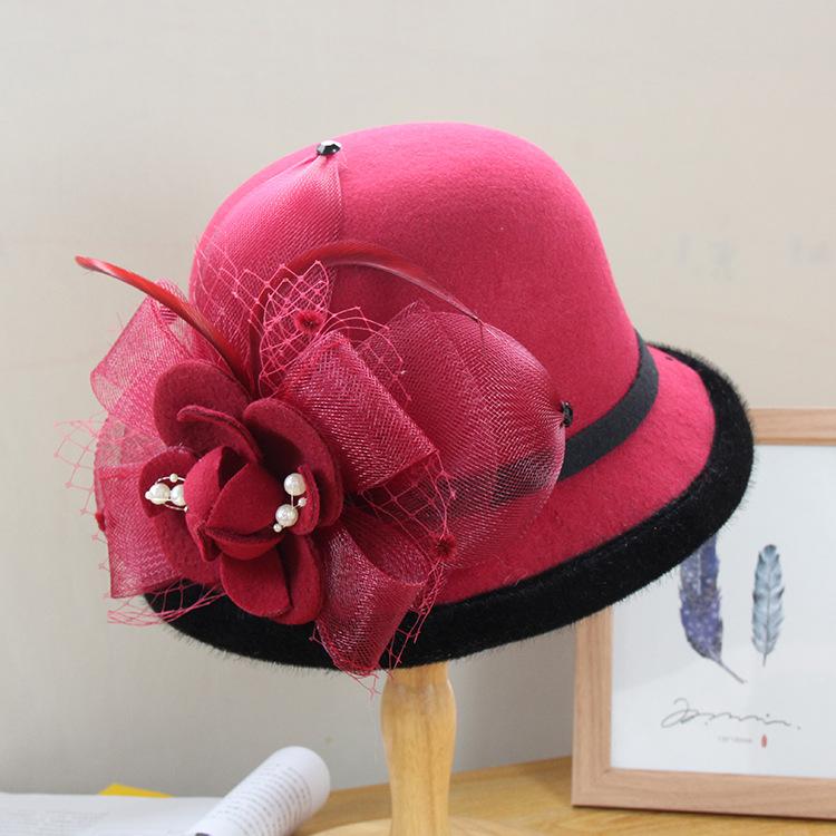 Autumn And Winter New Wool Woolen Hat Women'S British Retro Mesh Flower Pot Hat Wool Top Hat Versatile Dome Hat