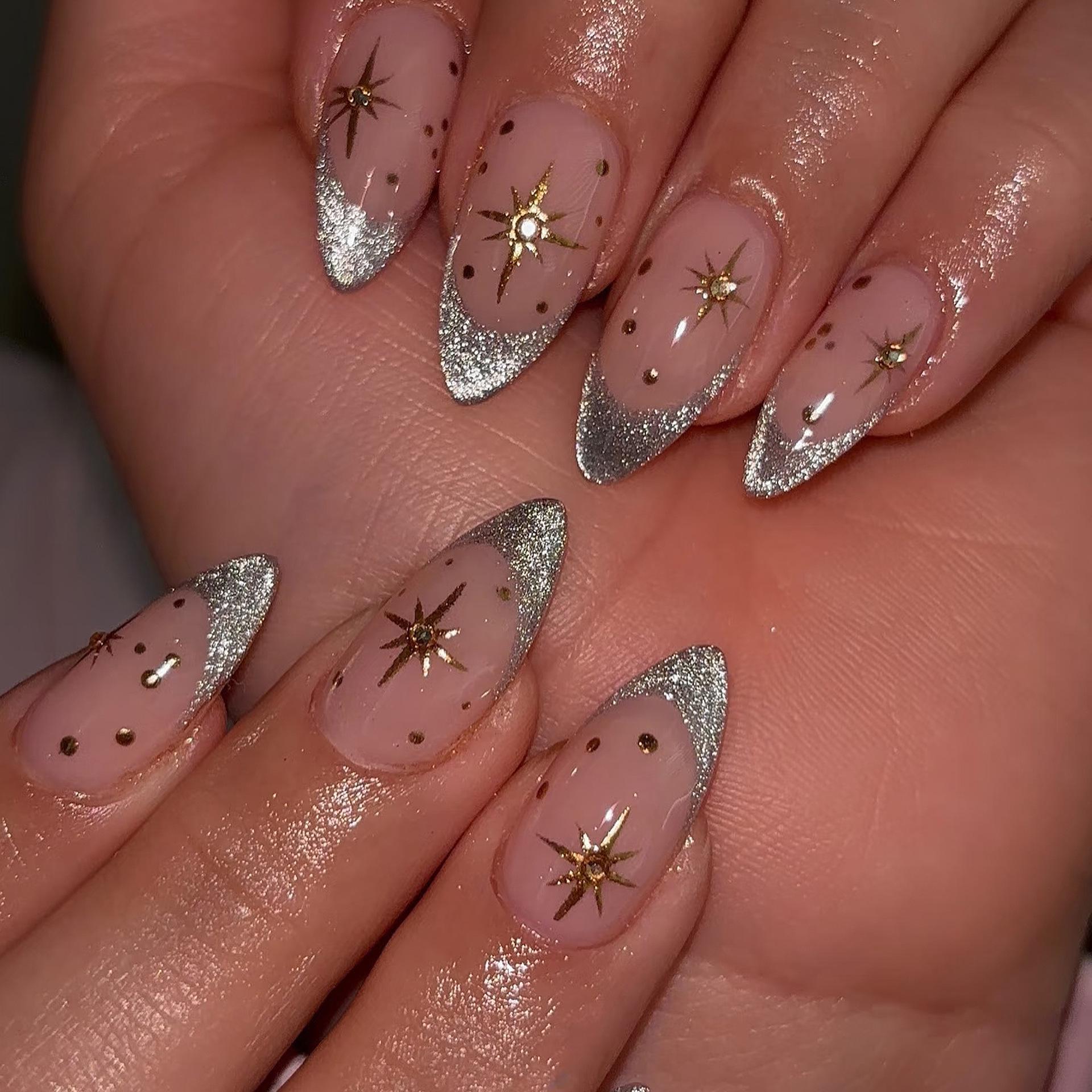 24-Piece Silver French Gilded Cat Eye Almond Nails with Golden Star Design