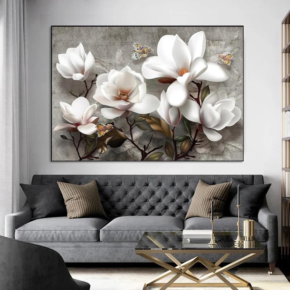Abstract Flowers Wall Art Poster White Pink Lily Retro Floral Canvas Painting Modern Flower Art Print Home Room Decor