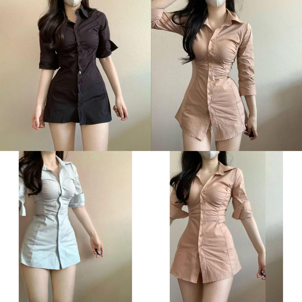 Sexy Girl Style Shirt Dress With Pleated Design And Splicing For Dating And Travel
