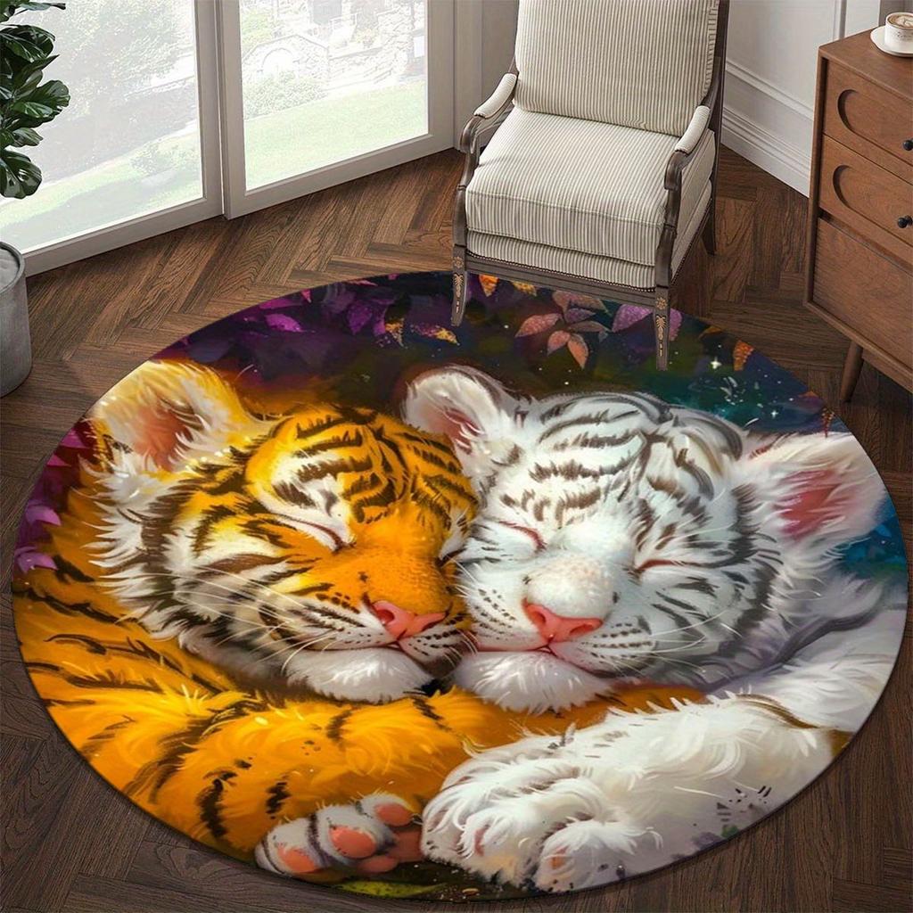 1Pcs Tiger Pattern Round Area Rug Indoor Non-Slip Washable Fiber Carpet Soft Comfortable Mat For Bedroom Living Room