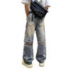 American retro high street ripped jeans men's summer tie-dye washed ruffian handsome dirty casual straight wide-leg pants