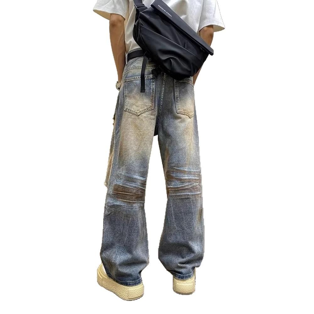 American retro high street ripped jeans men's summer tie-dye washed ruffian handsome dirty casual straight wide-leg pants