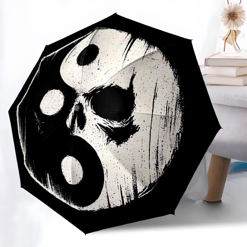 1pc YinYang Skull Automatic Folding Umbrella - Windproof Compact Travel Umbrella with Auto Open/Close, 8-Rib Heavy-Duty Shaft for Women/Men A059