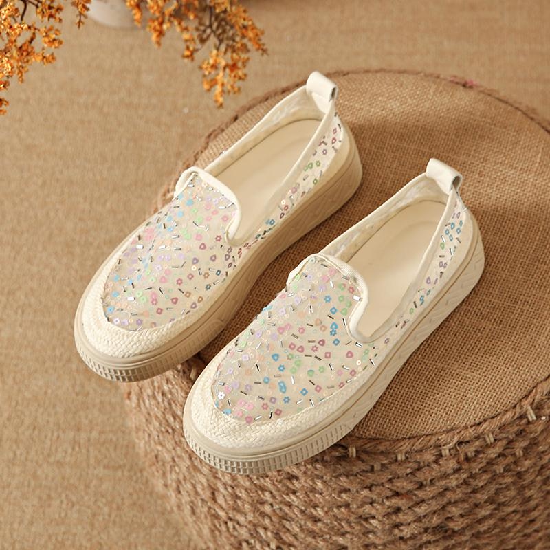 Fashion CRLAYDK Women's Sequin Lace Hollow Out Loafers Cute Penny Slip On Flat Work Comfort Walking Shoes for Ladies Driving Moccasins