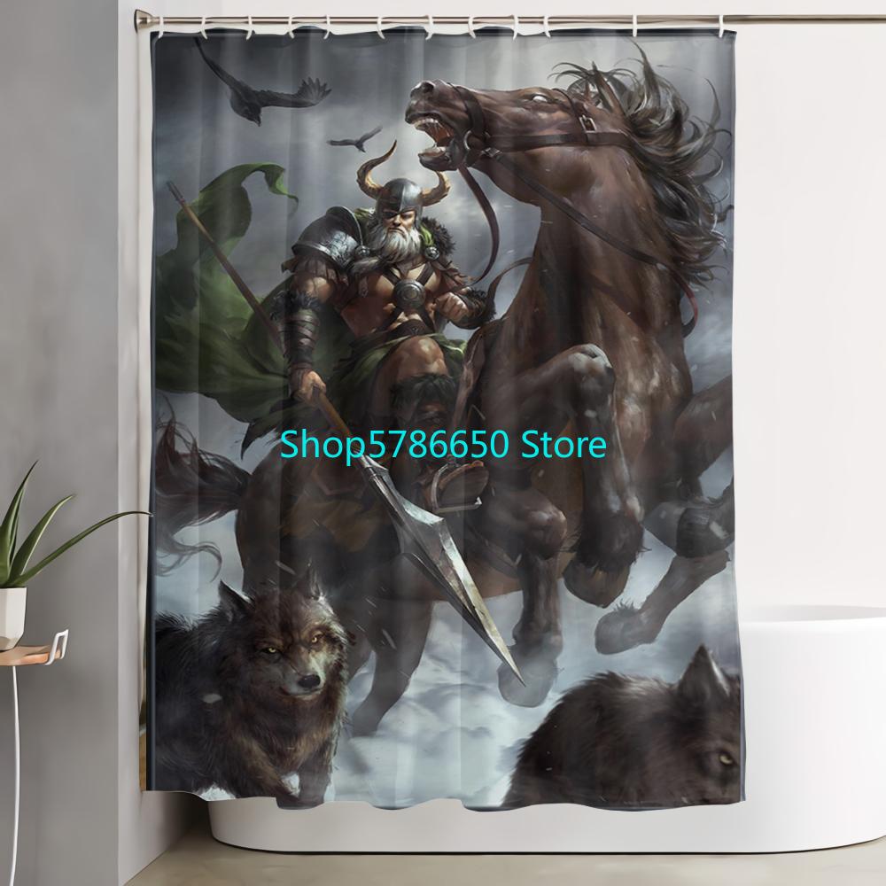 Dusjforheng Imaginary Wrath of Vikings Kongeskip med Dragehode Stormstråler Stoffduk Baderomsdekor Sett Med 12 Kroker