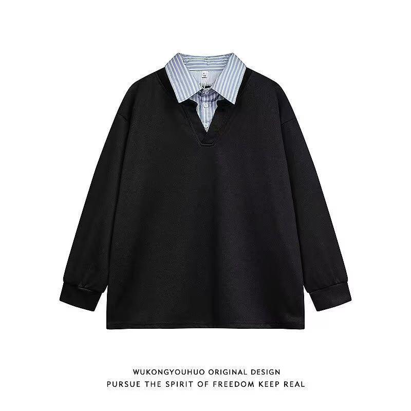 

Men s Spring/Autumn Color Block Hoodie with Shirt Collar - Long Sleeve Patchwork Polo Jacket XL