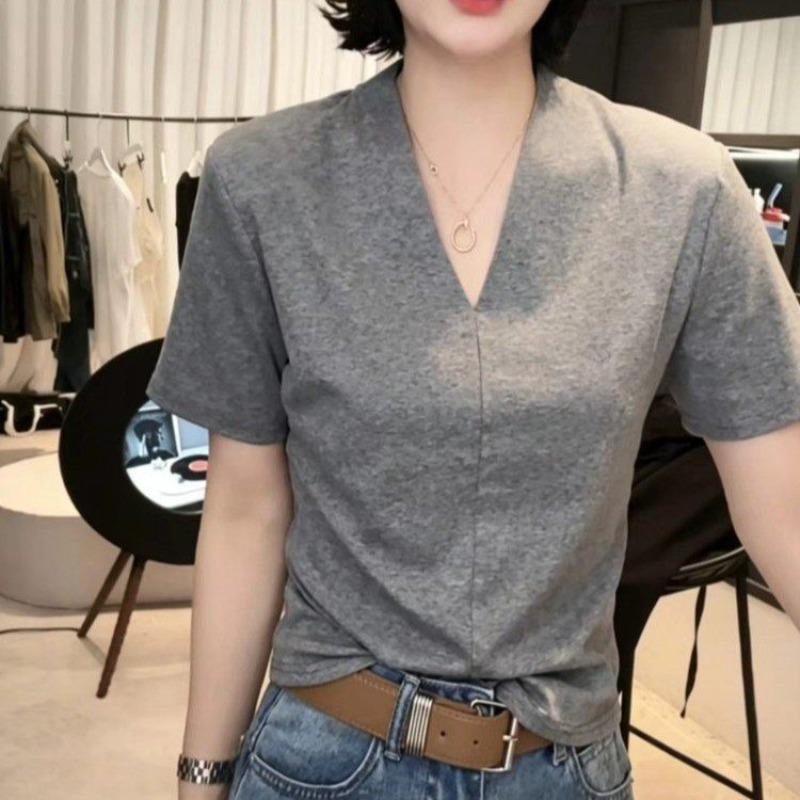 A Popular Live Broadcast, a New Fashionable V-neck Solid Color Simple and Versatile Short-sleeved T-shirt In Summer