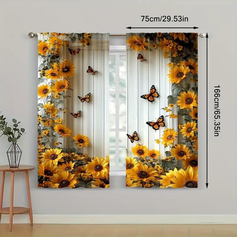2pcs- Floral and Plant Printed Curtains, Pole Bag Curtains, Bedroom and Living Room, Home Decoration, Room Decoration