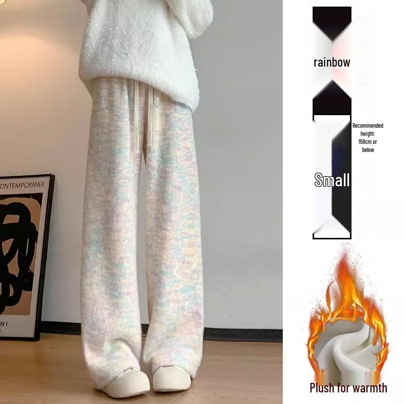 Petite XS Rainbow Fleece-Lined High Waist Wide Leg Pants - Women's Autumn/Winter Casual Straight Leg.