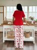 Women'S 2pcs Heart Bear Pajama Set - Cozy Red & Heart Bear Print Long Sleeve Nightgown & Pants with Elastic Waistband, Button-Up Front, Cute Pajamas
