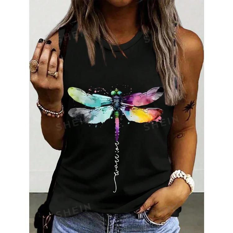 Butterfly Dragonfly Pattern 3D Print Women's Tank Tops Summer O-Neck Casual Vest Off Shoulder Sleeveless Top