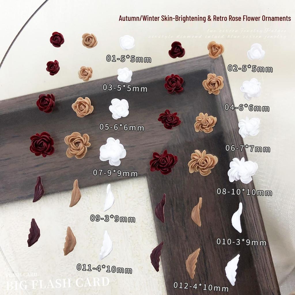 6-Kratek Rzeźbiony Różowy Nail Art: Sztuczne Kwiaty i Liście z Żywicy