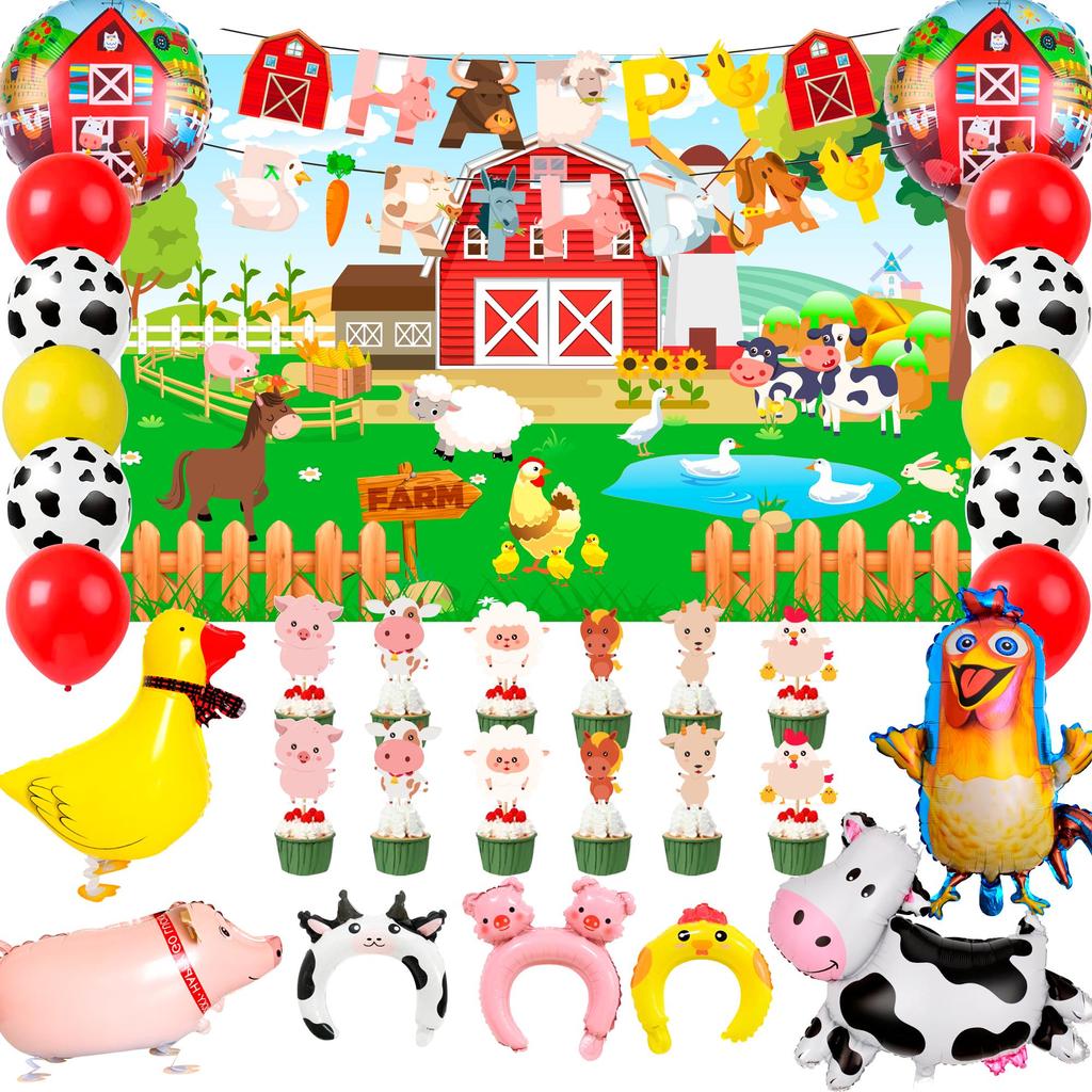 Farm Animal Birthday Decorations, 49pcs Farm Party Decorations Set-Farm Animal Balloons Head Hoop etc Farm Birthday Decorations Supplies for Kids