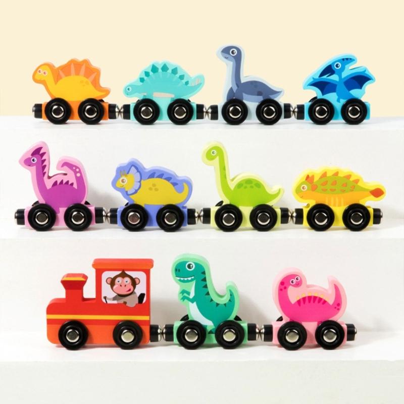 Magnetic Dinosaur Theme Wood Train Set Educational Toy For Early Learning And Hand Eye Coordination For Children