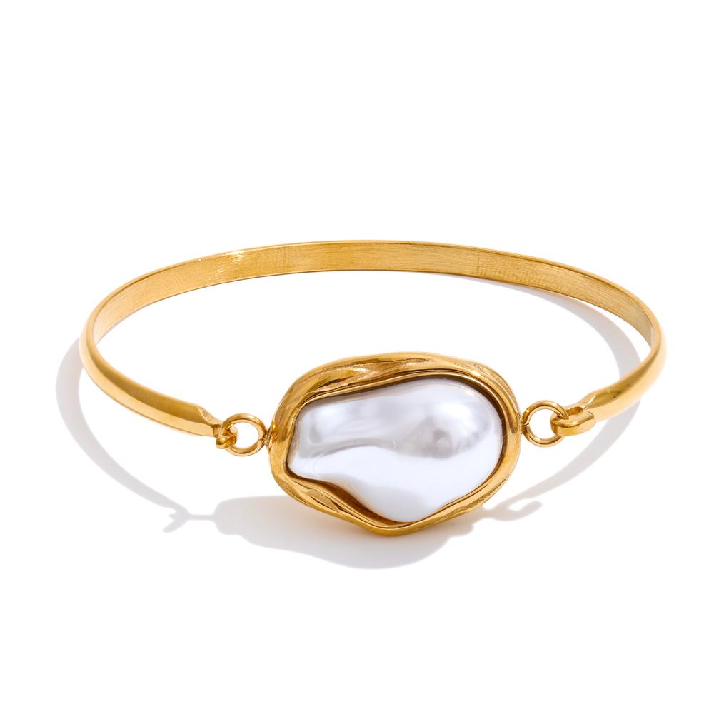 Yhpup 60mm Baroque Imitation Pearls Bracelet Bangle for Women 18K Golden PVD Plated Vintage Fashion Wrist Jewelry Accessories