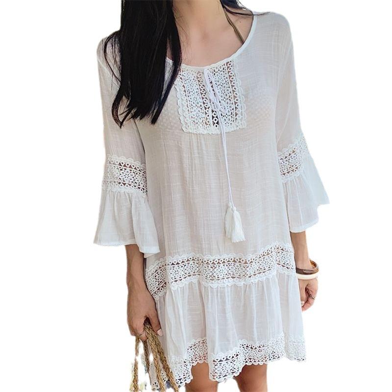 Sexy Beach Vacation Beach Cover Dress With Lace Stitching And Flared Sleeves, Loose Bikini Sun Protection Jacket