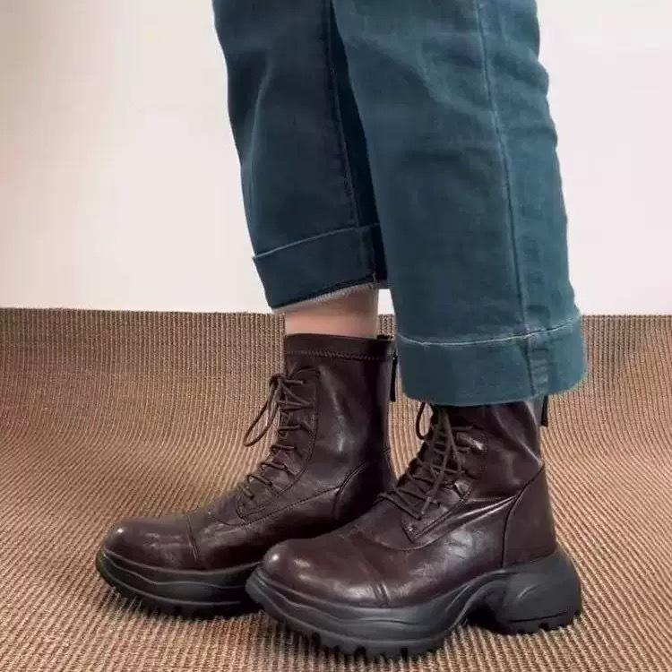 

Cowhide version~ British style retro leather thick-soled Martin boots women s autumn and winter new lace-up heightening thin boots short boots 40