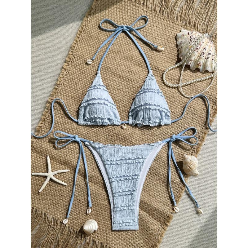 Solid Color Women Halter Three Piece Bikini Swimwear For Beach Swimming