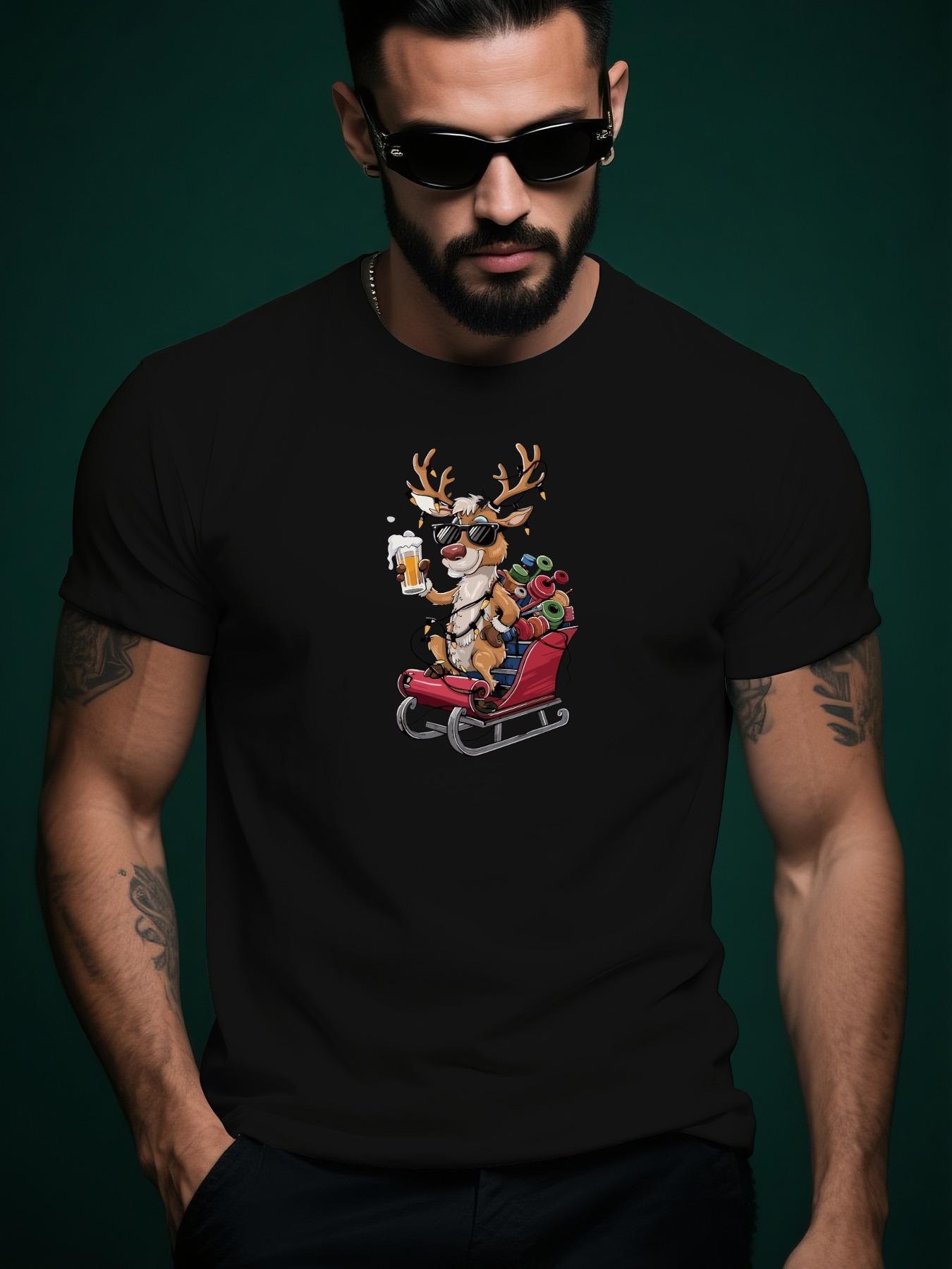 Crew Neck with Festive Santa & Reindeer Design - Lightweight T-shirt XXL