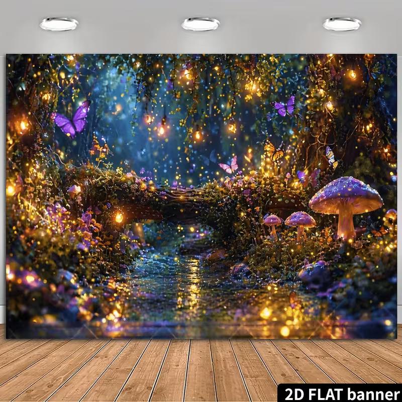 2D Enchanted Forest Backdrop, Magical Night Mushroom & Butterfly Photography Background 47.2x31.5inch/120*80cm