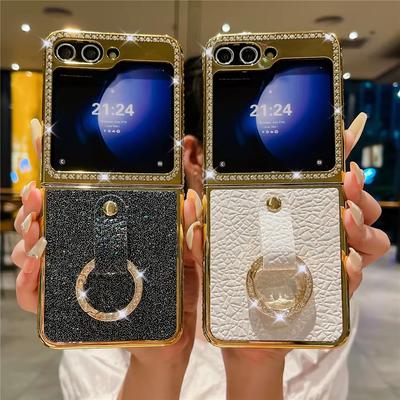 For Samsung Z Flip 6 Ring Holder PU Leather Plating Case For Samsung Galaxy Z Flip 6 Z Flip 5 4 3 Bling Diamond Shockproof Cover