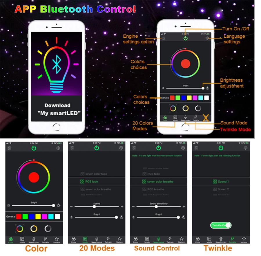 Twinkle Fiber Optic Lights Smartphone Bluetooth APP Control 12W Music Remote Control