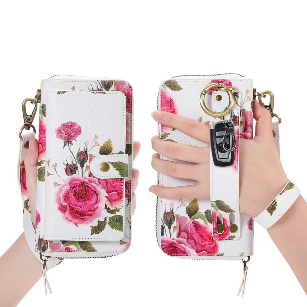 POLA Style 003 For iPhone 15 Pro TPU+PU Phone Cover Detachable 2-in-1 Flower Printed Phone Case with Wallet,Strap