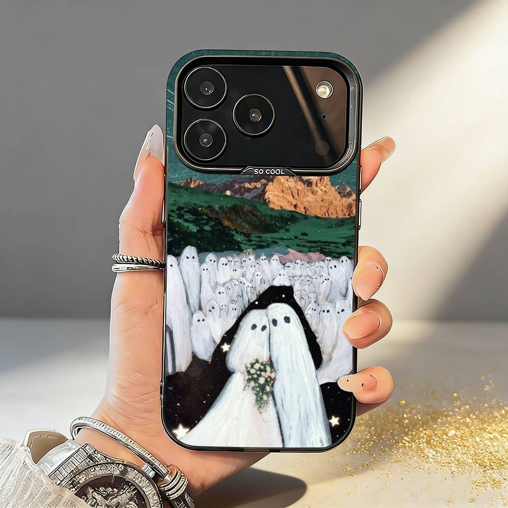 O-Oil Painting C-Cute G-Ghosts Lovely Phone Case For iPhone17 16 15 14 13 12Pro Max Grey Black Matte Laser Metallic Aurora Funda