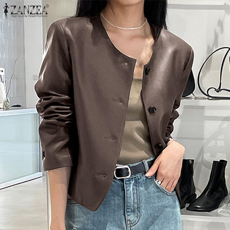 

ZANZEA Повседневный с длинным рукавом Искусственная кожа PU Кардиган Куртки