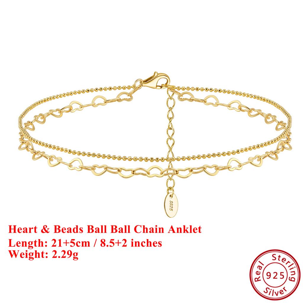 EFFIE QUEEN 925 Pure Silver 14k Gold Heart Shaped Beads Ball Chain Anklet Romantic Jewelry for Women Summer Beach Banquet SA66