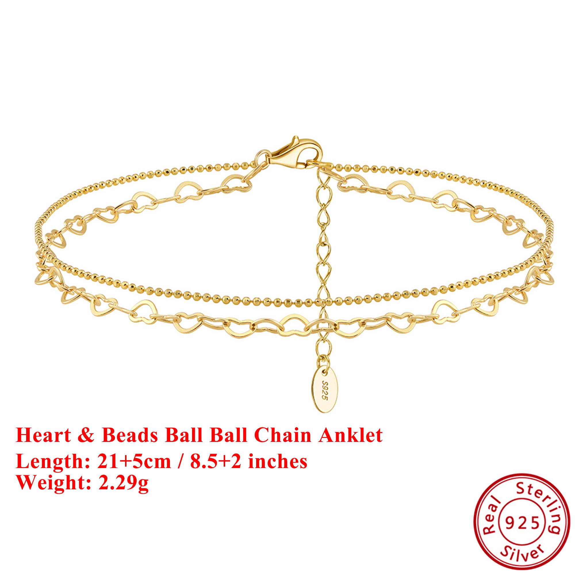 

EFFIE QUEEN 925 Pure Silver 14k Gold Heart Shaped Beads Ball Chain Anklet Romantic Jewelry for Women Summer Beach Banquet SA66