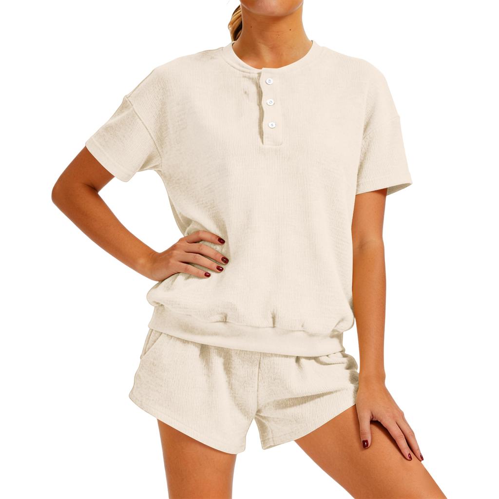 Damen Entspanntes Loungewear-Set: Kapuzenpullover mit kurzen Ärmeln kombiniert mit High-Waist-Shorts, Lässiges Zweiteiler-Outfit