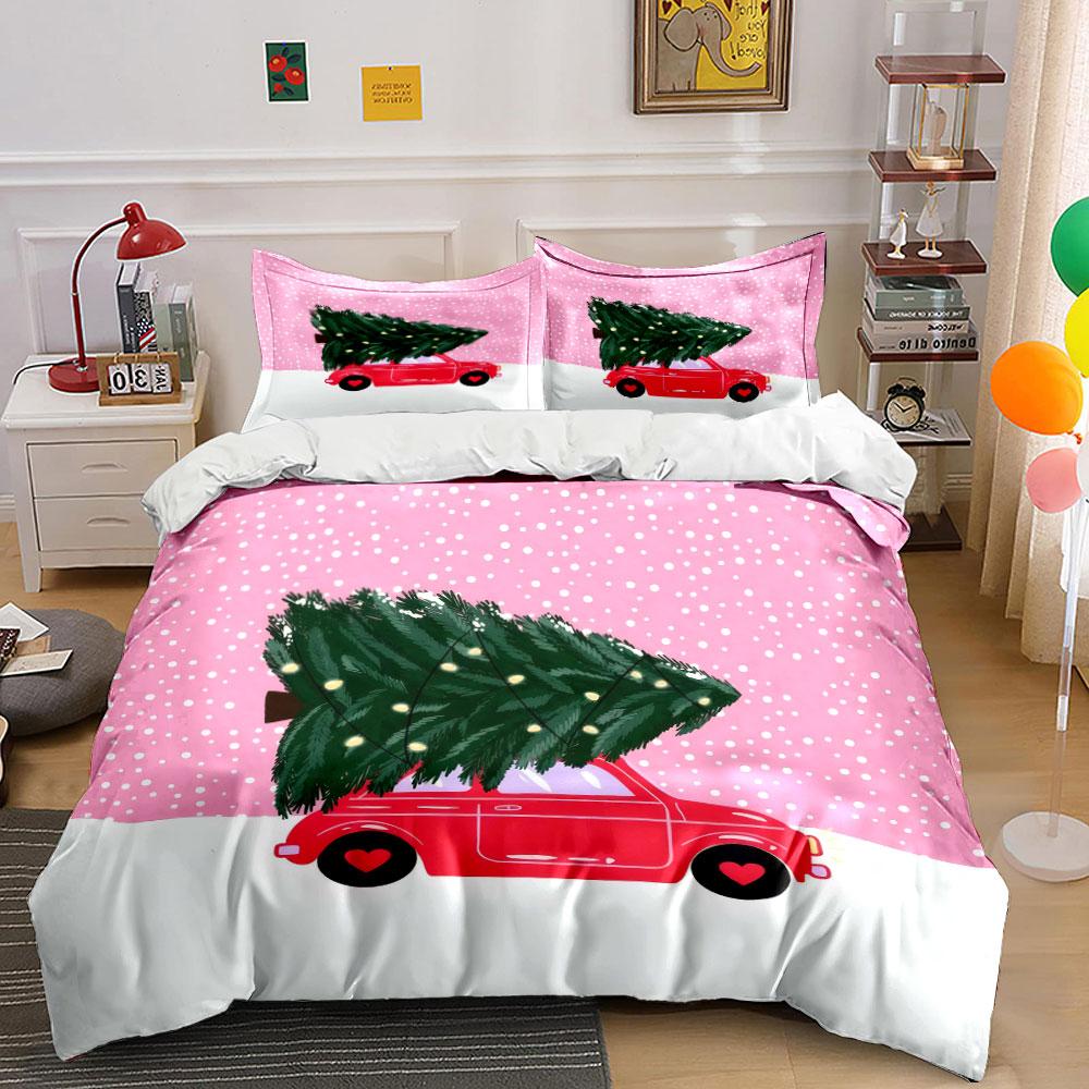 Red Car with Christmas Tree Bedding Duvet Cover Set (1*Duvet Cover 2*Pillowcases, without duvet insert)